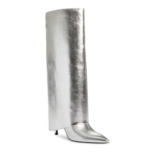 Open Edit Tall Boot in Silver Metallic Size 5.5 Stiletto Heel Pointed Toe - Picture 2 of 7